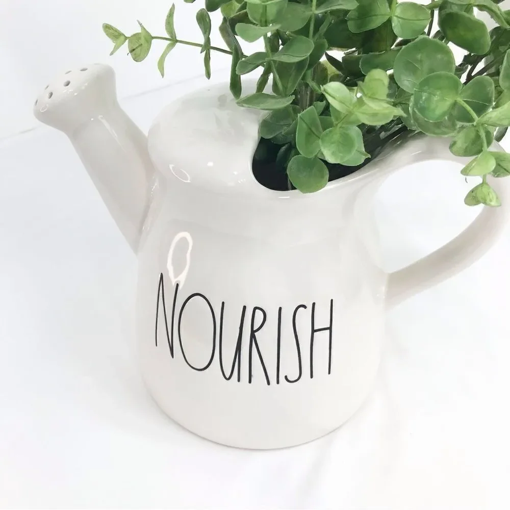 Rae Dunn Nourish White Black Ceramic Watering Can Vase